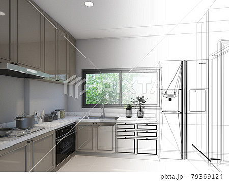 abstract sketch design of kitchen room ,3d rendering  79369124