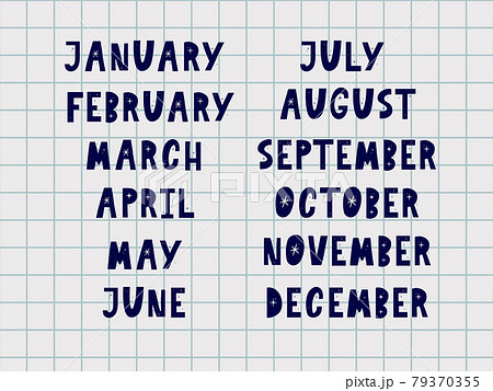 Handwritten names of months: December, January, February, March, April, May, June, July, August, September, October, November. Calligraphy words for calendars and organizers. 79370355
