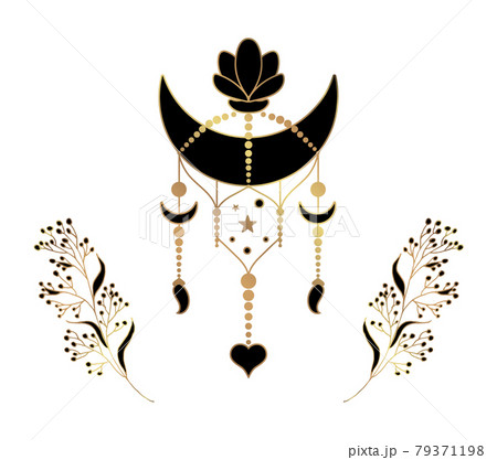 Esoterics. Golden line art of esoteric composition. Moon, stars and sun symbols. Mystical pendant with branches. Vector illustration isolated on white background. Esoterics. Golden line art of esoteric composition. Moon, stars and sun symbols. Mystical pendant with branches. Vector illustration isolated on white background. 79371198