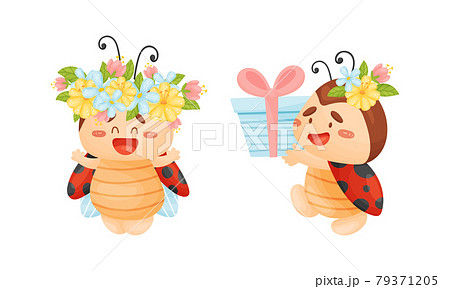 Cartoon Ladybug Carrying Gift Box and Wearing Floral Wreath Vector Set 79371205