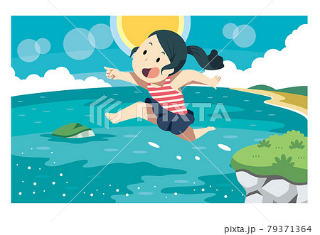 ジャンプする少女と海と太陽のイラスト素材のイラスト素材