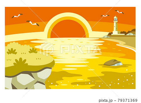 岩場の崖と海と夕日と灯台のイラスト素材のイラスト素材