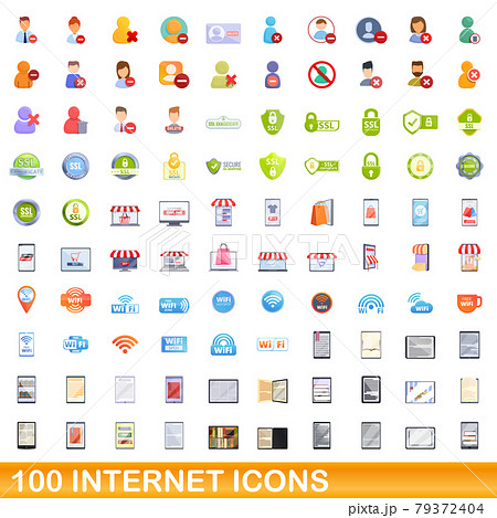 100 internet icons set, cartoon style 79372404