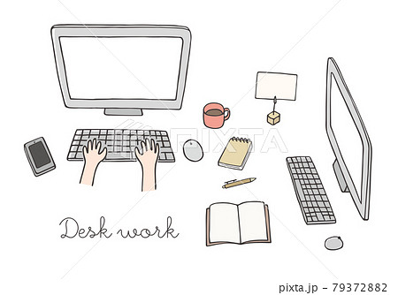 手描きのパソコンのイラスト デスクワーク カラー のイラスト素材