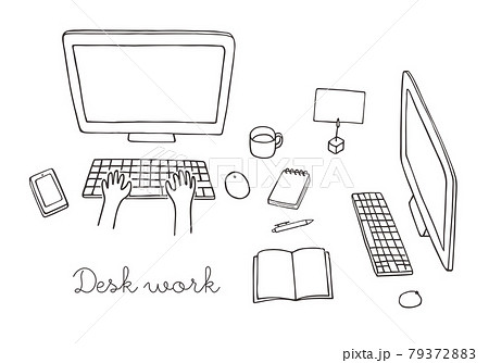 手描きのパソコンのイラスト デスクワーク モノクロ のイラスト素材