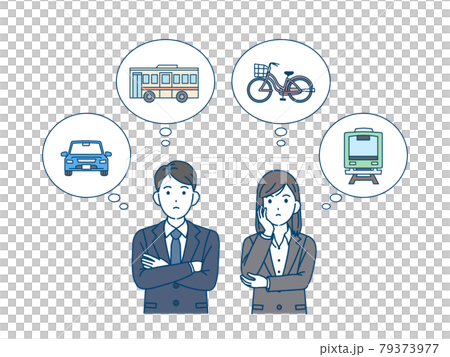 通勤方法を考えるスーツを着た男女　社会人　会社員　交通手段　イラスト素材 79373977