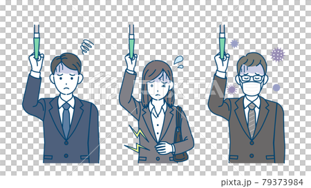Men and women in suits who are in poor physical condition, passengers in the car, abdominal pain, cold, commuting, illness, illustration material 79373984