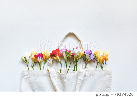 Multicolored freesia flowers in a white canvas bag on a white background Multicolored freesia flowers in a white canvas bag on a white background 79374026