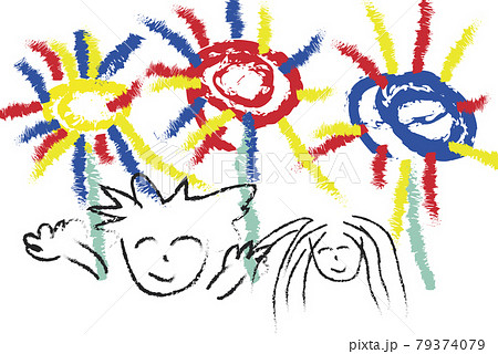 夏イメージ 親子で花火大会に行った夏休みの思い出を描いた小学生の絵日記のイメージ のイラスト素材