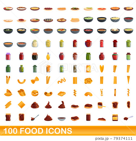 100 food icons set, cartoon style 100 food icons set, cartoon style 79374111