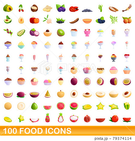 100 food icons set, cartoon style 79374114