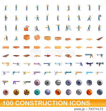 100 construction icons set, cartoon style 100 construction icons set, cartoon style 79374172