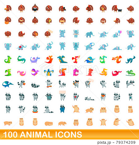 100 animal icons set, cartoon style 100 animal icons set, cartoon style 79374209