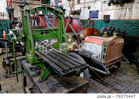 Vintage car in an workshop in Beamish Village - UK Vintage car in an workshop in Beamish Village - UK 79375447