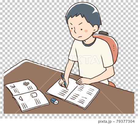 机で勉強をする男の子 79377304