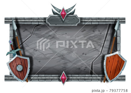 Stone game frame, medieval castle interface design, marble rock signboard, wooden shield, spear 79377758