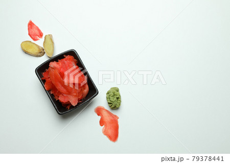 Pickled ginger, wasabi and ginger on white background Pickled ginger, wasabi and ginger on white background 79378441