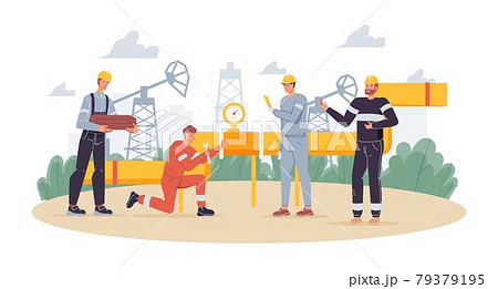 Flat cartoon industrial workers characters at oil production work,vector illustration concept 79379195