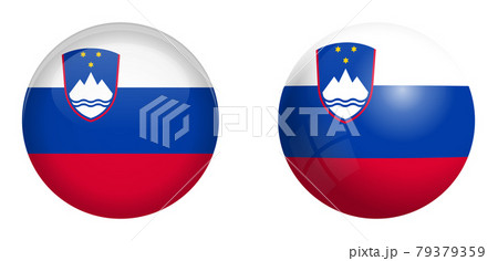 Slovenia flag under 3d dome button and on glossy sphere / ball. Slovenia flag under 3d dome button and on glossy sphere / ball. 79379359