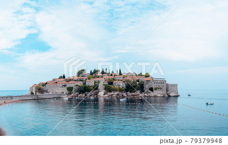 Beautiful view of the island of St. Stephen at sunny day, Montenegro. Aman Sveti Stefan, Budva 79379948