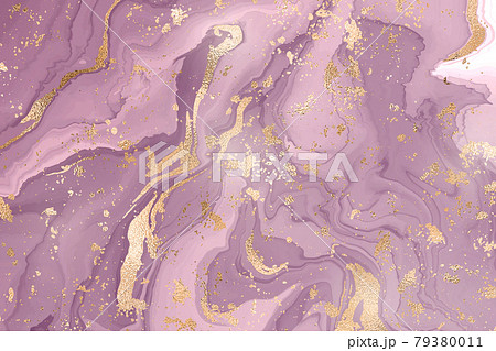 Abstract dusty violet liquid marble or watercolor background with gold glitter stripes and stains. Purple marble alcohol ink drawing effect. Vector illustration design template for wedding invitation 79380011