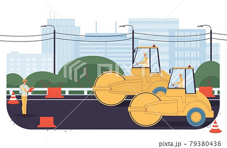 Flat cartoon industrial workers characters at road construction work,vector illustration concept 79380436