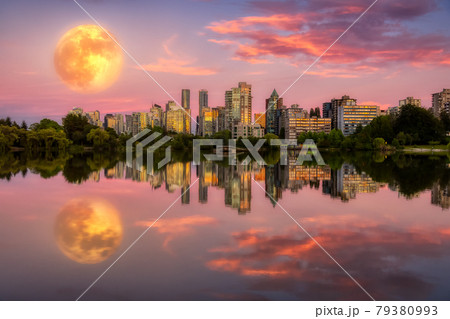 View of Lost Lagoon in famous Stanley Park in a modern city with Moon Art Render View of Lost Lagoon in famous Stanley Park in a modern city with Moon Art Render 79380993