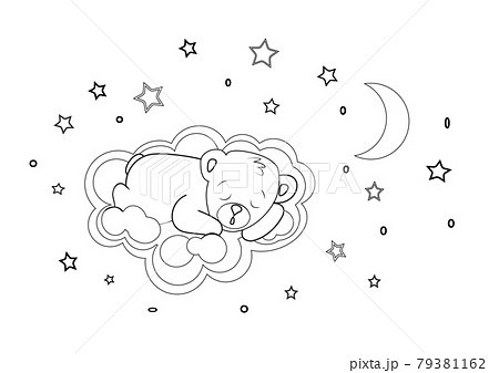 Cute little teddy bear on a cloud in the starry sky with the moon coloring pages 79381162