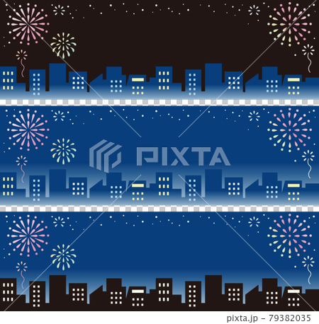 バナー 夏 祭り 花火 花火大会 夜景 シルエット シンプル 背景 コピースペース イラストセットのイラスト素材