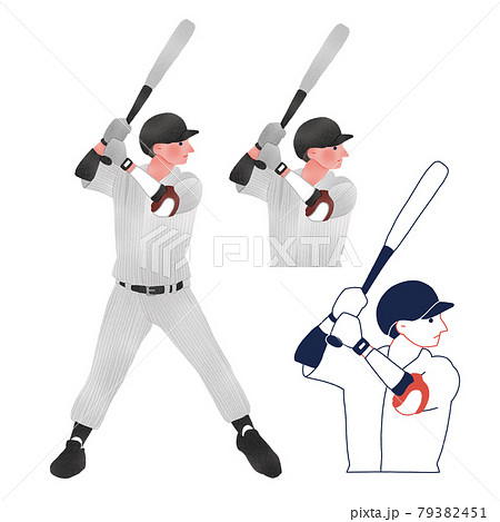 野球の試合でバッターを構える男性人物全身手描きイラストのイラスト素材