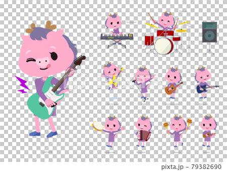 ロックンロールやポップミュージックを演奏する龍の女の子のセットのイラスト素材