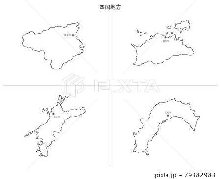 白地図-日本-四国地方-都府県セット-県庁所在地入り 79382983