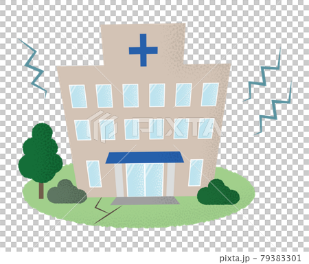 地震の被害に遭う病院のベクターイラスト 79383301