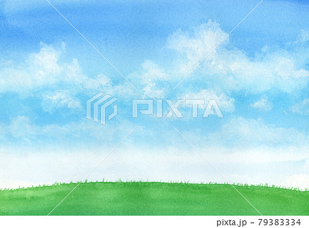 水彩絵の具で描いた青空と草原のイラスト素材