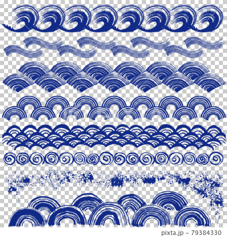 和風の波 青海波 手書きの毛筆イラストのセットのイラスト素材