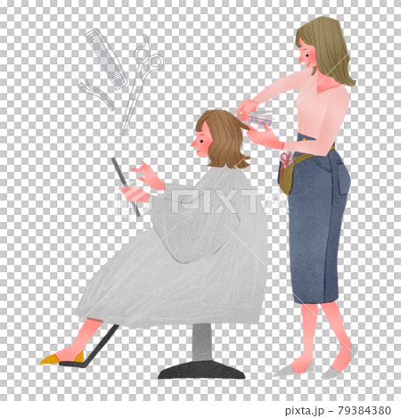 Hairdresser woman and woman looking at tablet full body hand-drawn illustration Hairdresser woman and woman looking at tablet full body hand-drawn illustration 79384380