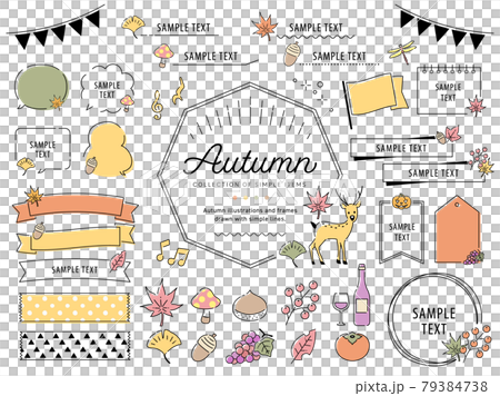 秋季簡筆劃圖框集/秋葉、食物、動物、花卉、水果 79384738