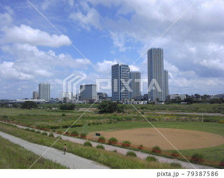 多摩川越しに見た二子玉川のビル群 79387586