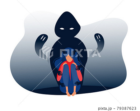 Depressed girl with anxiety and scary fantasies feeling sorrow,fears, sadness vector illustration Depressed girl with anxiety and scary fantasies feeling sorrow,fears, sadness vector illustration 79387623