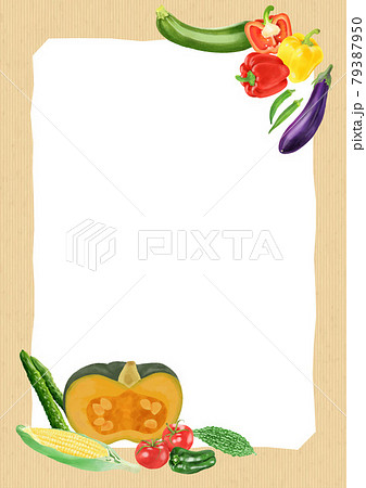 水彩タッチ夏野菜のフレーム クラフト紙背景 縦長のイラスト素材