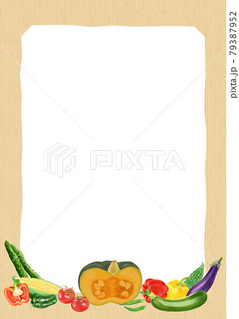 水彩タッチ夏野菜のフレーム クラフト紙背景 縦長のイラスト素材 水彩タッチ夏野菜のフレーム クラフト紙背景 縦長のイラスト素材