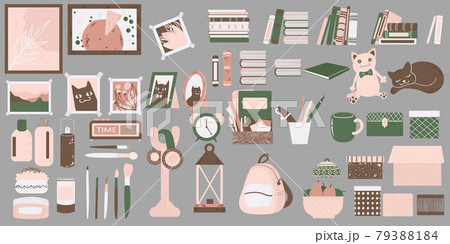 Cozy interior decor clip art. Hand drawn Vector elements in cartoons Scandinavian style. Set of cute home accessories for decoration. Isolated on grey background. 79388184