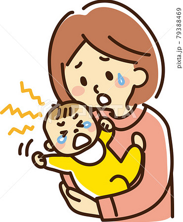 泣いている赤ちゃんを抱っこする困り顔ママのイラスト素材