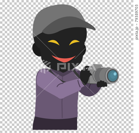 一眼レフカメラで隠し撮りする怪しいシルエットの人物　イラスト 79389703