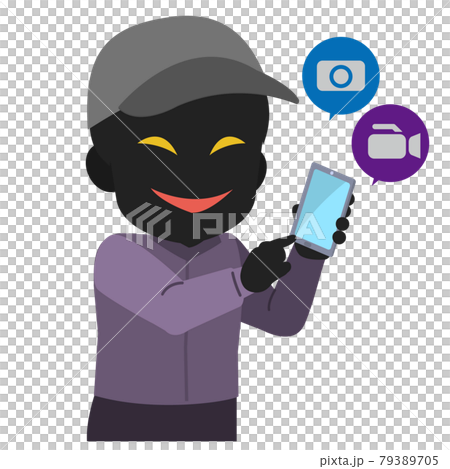 Illustration of a suspicious silhouette person who takes a secret shot with a smartphone camera Illustration of a suspicious silhouette person who takes a secret shot with a smartphone camera 79389705