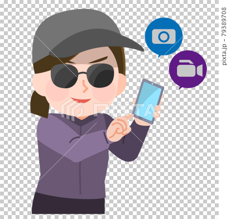 スマートフォンカメラで隠し撮りする怪しい女性　イラスト 79389708