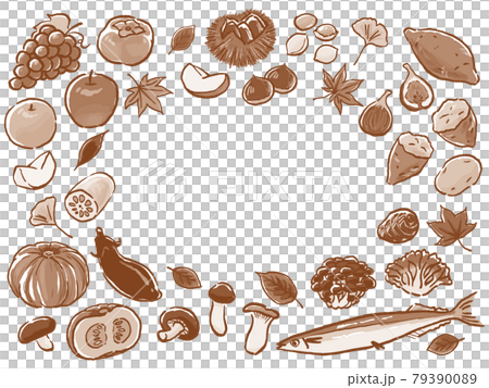 手描き風秋の味覚 秋の食べ物セットセピア風 手描き風秋の味覚 秋の食べ物セットセピア風 79390089