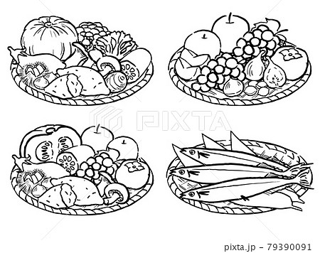 手描き風 カゴに盛られた秋の食べ物セット 線画のイラスト素材