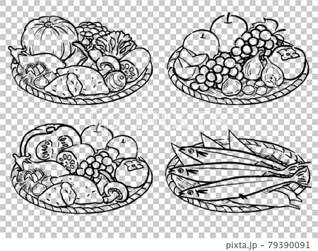 手描き風 カゴに盛られた秋の食べ物セット 線画 手描き風 カゴに盛られた秋の食べ物セット 線画 79390091