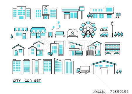 シンプルでかわいい街並みのアイコンセット ベクターイラスト素材 まとめ 病院 学校のイラスト素材